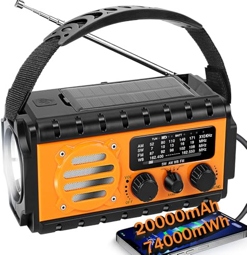 Radio Survie Solaire et Dynamo Portable 20000mAh Batterie Rechargeable, Radio AM FM, Power Bank USB, Alarme SOS, Lampe Torche LED, Recharge Manivelle et USB, Éclairage Longue Durée(Orange)