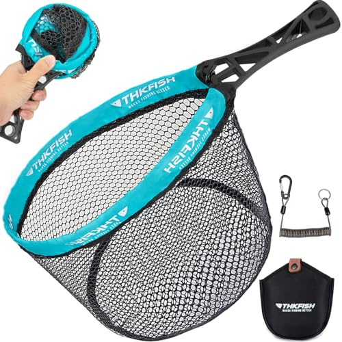THKFISH Retino da pesca a mosca, guadino pieghevole per trote con manico in ABS, rete rivestita in gomma con borsa per attrezzatura per la cattura e il rilascio della spigola, attrezzatura portatile