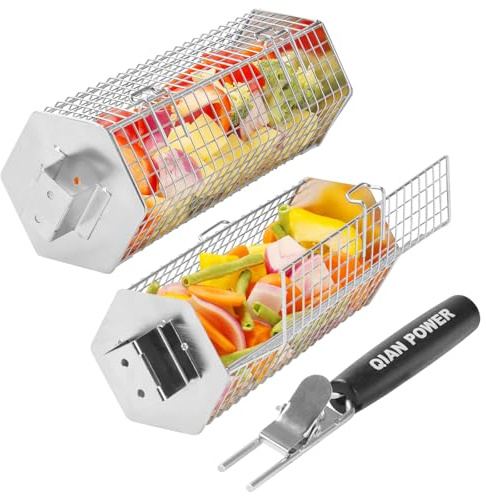 Rullande grillkorg 2 st rostfritt stål grillkorg | med avtagbart trähandtag hexagondesign för grill camping och utomhus matlagningstillbehör, bra gåva för grillälskare