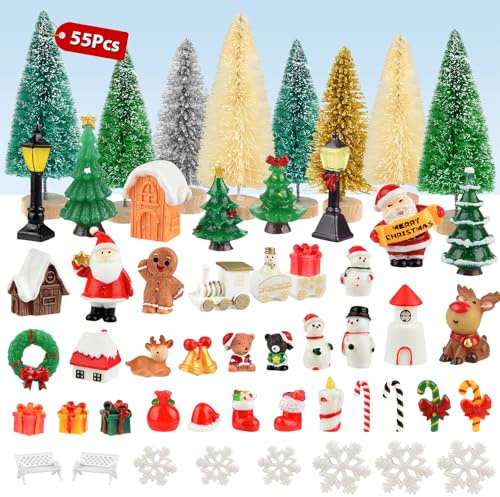 PLULON 55Pcs Christmas Ornament Figurines for Crafts Mini Christmas Tree Bottle Brush Trees Snowman Santa Claus Snowflake Bell Dollhouse Accessories for Winter Mantel Xmas Village Holiday Party Decor