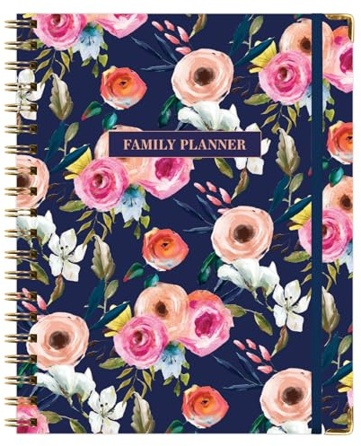 Undated Family Planner Organizer – 8.5 x 11 Weekly & Monthly Calendar for 5+ People, Meal Planning, Budgeting, Habit Tracker – Hardcover, Household Schedule Organizer for Parents, Kids, & Caregivers (Small Navy Floral)