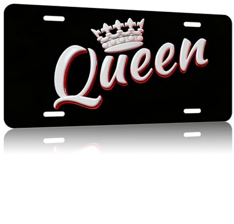 Queen with Crown Metal License Plate - Novelty Vanity Tag for Women, Royalty Themed Auto & Wall Decor, 6x12 Inch(4 Holes)