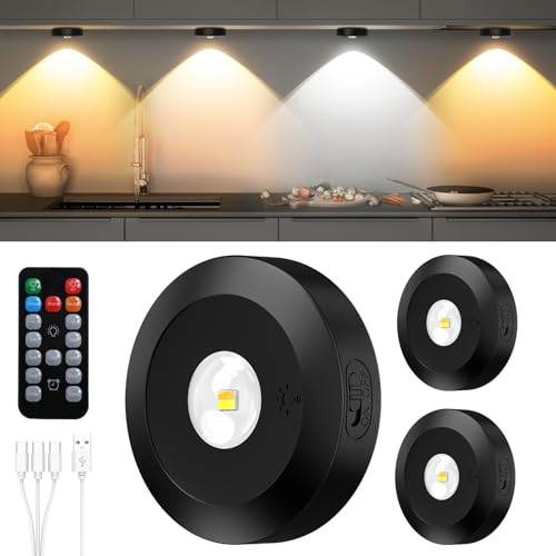 JVURICE Spot Sans Fil Puck Light Petits Spots Lumineux Lampe Lumic Reglette Led Sans Fil 180H 3000k/4500k/6000k Dimmable Rechargeable Minuterie Telecommande Rond Lumiere Pour Cuisine,Armoire,Vitrine