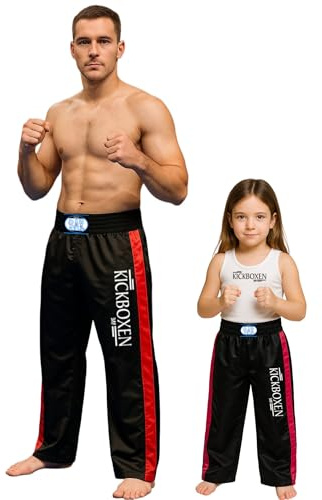 BAY Edel Stick Kickboxhose, Kinder Größe 110-5XS, schwarz mit roten Seitenstreifen, gestickte Schrift Kickboxen, Thaiboxhose lang, Hose Kick-Boxen Thaiboxen Muay Thai, Satinhose, rot