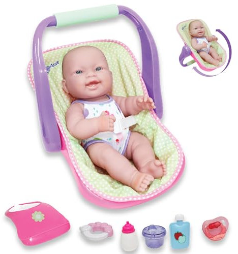 JC Toys, Lots to Love Babies Puppe und Autositz, 4 Verschiedene Positionen und Zubehör, beweglich und wasserdicht, ab 2 Jahren