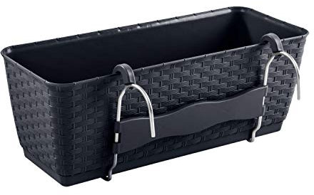 PAFEN Jardinera con almacenamiento de agua, jardinera para balcón, aspecto de ratán, antracita, DRL400PW, plástico con soporte de metal