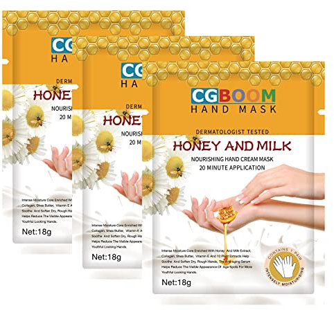 Handmasken, 3 Paar feuchtigkeitsspendende Handschuhe, Peeling-Handmasken, pflegende, weiche Handpflege, für trockene und rissige Hände (Honig Milch)