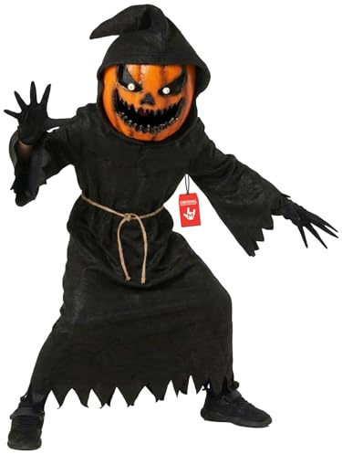 Morph Kids Pumpa Liemannen Kostym Barn - Läskig Svart Halloweendräkt med Pumpamask för Pojkar & Flickor, 7-9 År