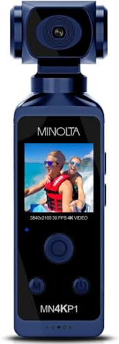 Minolta 4K Ultra HD Pocket Camcorder – WiFi Enabled Action Camera with 16MP Photos, 170° Wide Angle Lens, 270° Rotating Head, Slow Motion, 1.3-inch Display - 16GB Card & Waterproof Case (Blue)