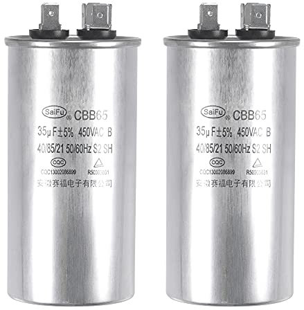 sourcing map Condensador de Funcionamiento Redondo CBB65 35uF 35mfd 450V AC, 40/85/21 Caja de Aluminio con Terminal para Motor Compresor de Aire Acondicionado Bomba Calor Condensador, 2uds