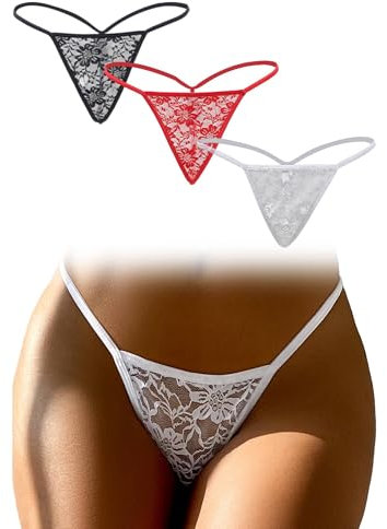 comeondear Sexy G String Tangas für Frauen Micro String Bikini Brasilien Damen Slip Panty Spitzen Unterwäsche Set Große Größen Seamless Unterhosen Low Waist Mini Women Underwear(Schwarz+Weiß+Rot,L)