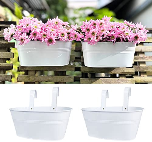 LaLaGreen Outdoor Rail Planter (2 Pack, 11.8 Inch) Metal Iron Hanging Flower Pot Deck Railings White Fence Bucket Modern Countryside Boho Style Wall Mount Window Box Plant Holder Hooks Porch Decor