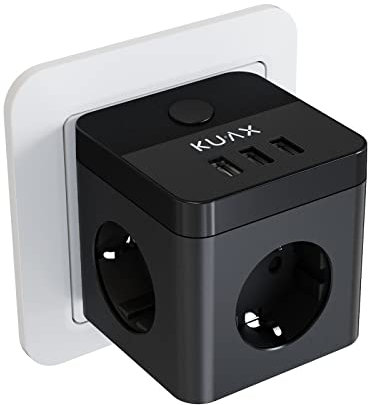 KUAX Cubo Ladron de Enchufes Triple con 3 Puertos USB, 6 en 1, Cargador Multiple de Pared con Interruptor, Compatible con Phone, Pad, para Hogar Oficina (Negro)