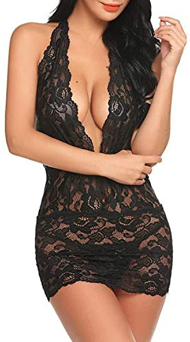 VicSec Sexy Lace Babydoll Lingerie See Through Mesh Nightdress Women Deep V Neck Chemise Nightgown Halter Backless Mini Dress Bodysuit with Thong for Ladies Pajama Bridal Sleepwear (Black, L-XL)