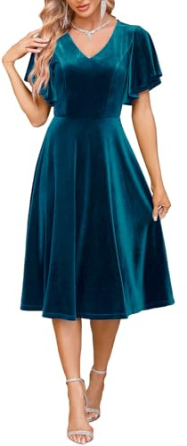 Bridesmay Women's Short Sleeve V Neck Velvet Dress 2026 Midi Cocktail Dresses for Fall Wedding Guest Plus Size Turquoise S