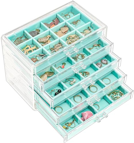 ProCase Porta Orecchini Organizer a 5 Strati, Portagioie con Cassetto e Divisori Regolabili, Porta Gioielli Chiuso da Camera, Vassoio per Gioielli Anelli Orecchini - Azzurro