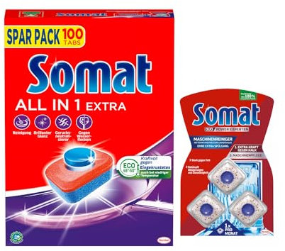 SOMAT Tabs 100 AW all in 1 Extra, Geschirrspül Tabs für strahlende Sauberkeit, bekämpfen selbst eingetrocknete Rückstände + Somat Duo Power Experten 3 AW Maschinenreiniger 57g