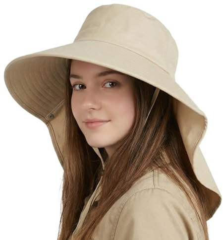 BUDUBI Solhatt dam hästsvans, sommar brett brätte solskydd med nackskydd UV-skydd utomhus vandringshatt fiskarhatt fiskarhatt 54–59 cm, kaki, 54/59 cm