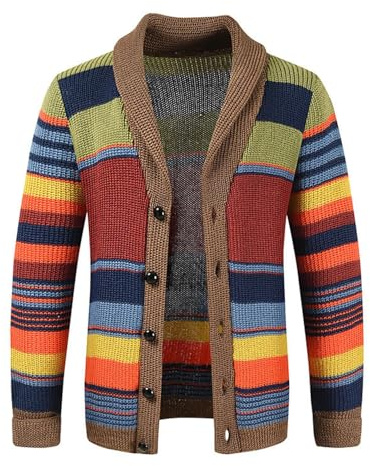 Bauzuoyo Men's Sweater Jacket Colorful Cardigan with Button Placket Long Sleeve Rainbow Pullover Autumn Winter Warm Soft Knit Pullover Lapel Collar Long Sleeve Fine Knit Sweater for Men Casual, khaki