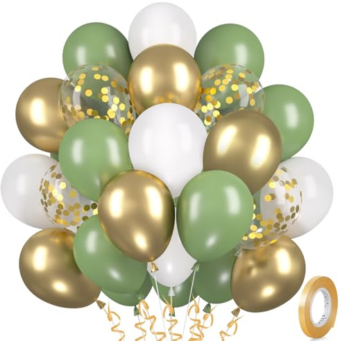 Luftballons Grün Gold, 30 Stück Salbeigrün Metallic Gold Luftballon Set, Retro Olive Grün Gold Ballons, Weiß Helium Ballon für Jubiläum Geburtstag Hochzeit Babyparty Tropische Safari Party Deko