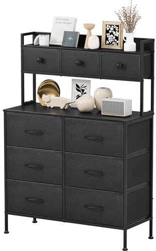 Mintnook Dresser for Bedroom with 9 Drawers, Chest of Drawers Storage Organizer Unit for Bedroom, Living room, Kids room, Closet, Wood Top, Fabric Drawers(Black)