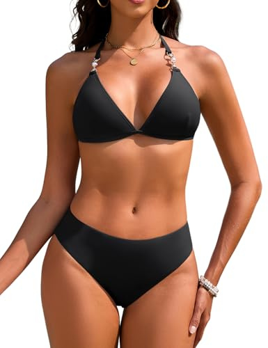 Vijamiy Maillot De Bain Femme 2 Pieces Bikini Deux Pieces Triangle Ensemble de Bikinis Rembourré Swimwear Sexy Col V Chic et Elegant avec Pearl Strings(Noir,S)