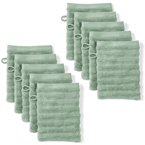 Pure Label Waschlappen - 10er-Pack 16x21cm aus 100% Baumwolle - saugstark, schnelltrockend & weich - Waschhandschuh mit Anhängeschlaufe - Oeko-TEX Zertifiziert - Salbeigrün