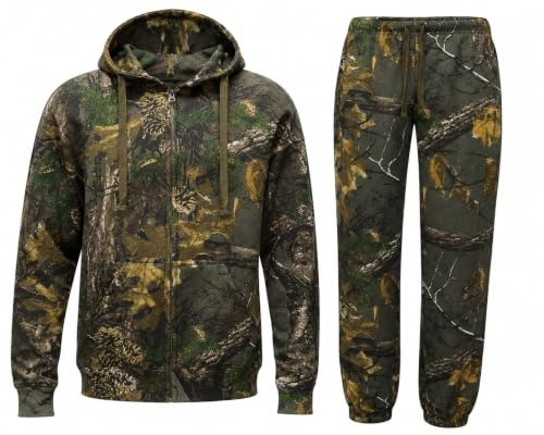 IQONEQ Men's Camouflage Tracksuit Set, Full Zip Hooded Jacket & Matching Jogger Bottoms, 2 Piece Camo Outfit for Fishing, Hunting, Camping, Hiking & Outdoor Wear