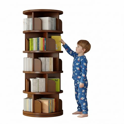GTYMTTX Bibliothèque rotative à 360 degrés 5 Niveaux étagère de Rangement Étagères Tournante en Bois Massif, 5 Niveaux, Panneau écologique en Bois Massif, 46 * 46 * 157cm, Brun