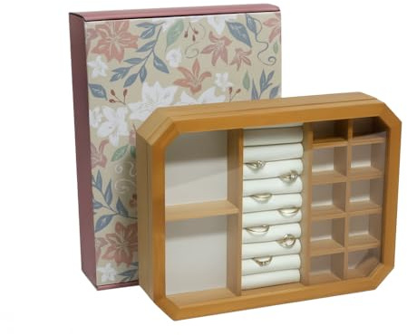 Lexvara Joyero madera con diseño elegante – Joyero mujer de 13 compartimentos con tapa de cristal – Organizador de joyas ideal como regalo