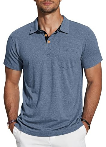 TARAINYA Polo Homme Coton Manches Courtes avec Poche Confortable Doux Tee-Shirt Été Gris Bleu L