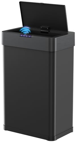 LIFERUN Cubo de basura con sensor, cubo de basura de cocina de 50 litros, tapa eléctrica con anillo de sujeción para bolsas de basura, cubo de basura automático sin contacto de acero inoxidable, color