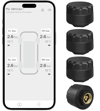OBEST Sistema di Controllo della Pressione degli Pneumatici TPMS con App, Bluetooth Intelligente Sistema con 4 Sensori Esterni, Wireless e Rilevatore di Temperatura, Supporta iOS e Android