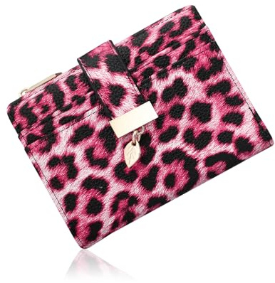 Pomelo Best Women's RFID Wallet - Vegan Leather Bi-fold Small Ladies Purse with Zipper Coin Pocket & ID Window - Leaf Charm Compact Wallet for Women (Dusty Pink Leopard)