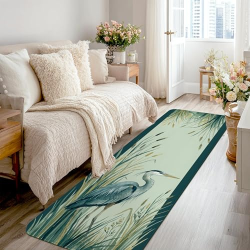 Tappeto runner con airone, erba botanica con canne primaverili, color foglia di tè, antiscivolo, rettangolare, bordatura con bordi per cucina, corridoio, lavanderia, ingresso, 6 x 2,3 m