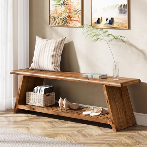 TRIBEWOOD 160cm Long Solid Wood Hallway Bench, Farmhouse Entryway Shoe Storage Benches with Shelf, End of Bed Bench with Storage for Entry, Living Room, Bedroom, Dark Brown
