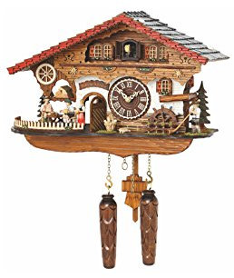 Trenkle Kuckucksuhr Quarz Schwarzwälder Haus mit Einer Kellnerin in Bewegung und einem rotierenden Mühlenrad, mit Musik TU 4210 QMT HZZG