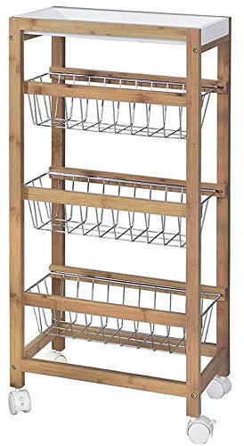 BAKAJI Küchenwagen Slim platzsparend aus Bambusholz mit 1 ausziehbarem Tablett 3 Körben und Obstkorb aus Metall und 4 drehbare Rollen Servierwagen Haus Maße 40 x 22 x 83 cm