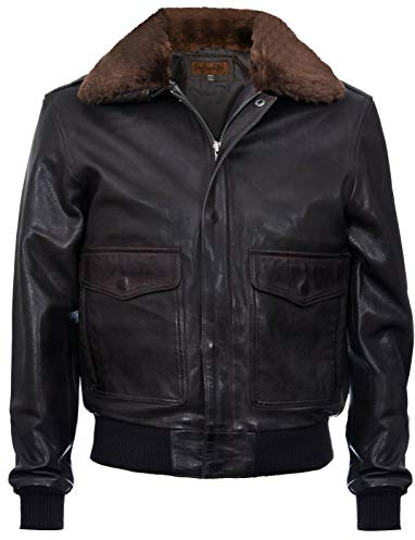 Infinity Leather Chaqueta de Bombardero de Piel de Oveja Marrón A2 de Los Hombres con Cuello de Oveja Desmontable