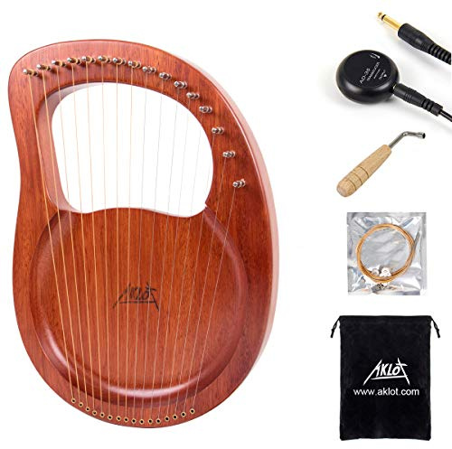 Lyre Harp, AKLOT 16 Metal Strings Mahogany Lye Harp with Tuning Wrench,Spare String Set,Pickup,Black Gig Bag