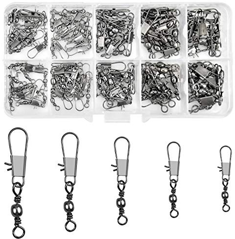 Jinlaili 100 Pièces Emerillons de pêche en Baril, Agrafes de Pêche Connecteurs de Leurre, Emerillons avec Verrouillage Encliquetable, Emerillons Roulement à Billesde pour Pêche(7# 8# 10# 12# 14#)