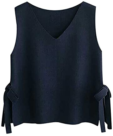 Pull Sans Manche Femme Col V Gilet Maille Tricot Tricoté Pullover Chandail Oversize Bleu L