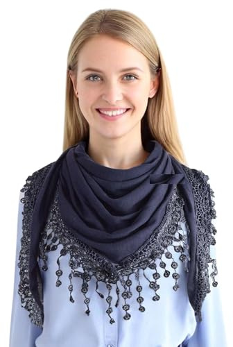 GFM écharpe triangle unie en jersey avec dentelle et pompons