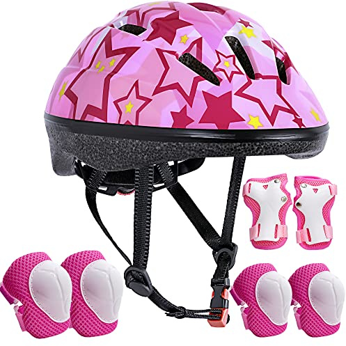Asslen Kids Bike Helmet Suitable for Ages 3-8 Years Boys Girls, Adjustable Toddler Helmet with Knee Elbow Pads Wrist Guards Sports Protective Gear Set for Bike Bicycle Skateboard Scooter-Pink