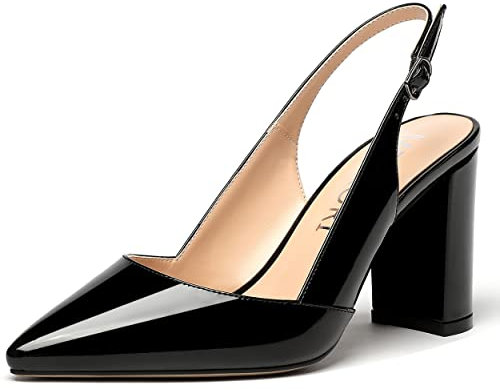 MERRORI Damen Solid Slingback Block Patent Schnalle Spitz Zehe Chunky High Heel Pumps Schuhe 3,3 Zoll, schwarz, 41 EU