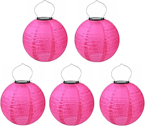 Lot de 5 lampions solaires LED d'extérieur étanches - Lanterne de jardin ronde en forme de boule - Abat-jour pour mariage, église, jardin, fête - Décoration de fête (rose rouge, 30 cm)