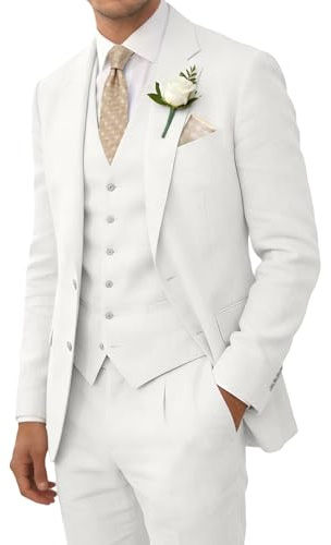 Wehilion Hombre Traje de Lino 3 Piezas Verano Slim Fit Chaqueta Chaleco Pantalón Traje de Boda Regreso a Casa Esmoquin, Ivory, X-Small