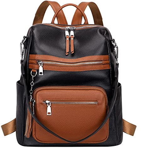 ALTOSY Echt Leder Rucksack Damen Elegant Convertible Schultertasche Frauen Uni mit Quaste (S106 Schwarz Braun)