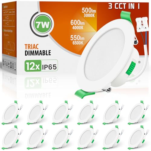 ALUSSO 3CCT LED Downlights Ceiling Dimmable 7W IP65 Cutout 67-75MM 12 Pack | Ultra Slim Recessed Ceiling Lights, Color Temperature Selectable 3000K 4000K 6500K Bathroom Kitchen Spotlights, Round White