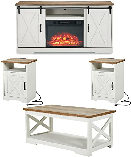AMERLIFE 5-Piece Farmhouse Table Set Includes Fireplace TV Stand, Coffee Table& Two End Tables with Charging Station and USB Ports, for Living Room, Distressed White, 59